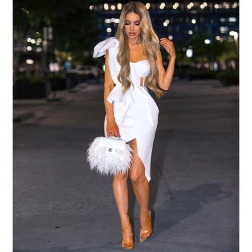 Top Quality Women Fashion One Shoulder Sleeveless Hollow Out Mesh White Bodycon Dress 2021 Female Mini Club Summer Dress