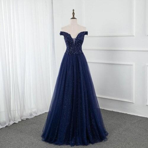 Retro Navy Blue Evening Dresses Deep V-neck Appliques Sleeveless Formal Party Gowns Tulle Beading A-line Evening Gowns for Women