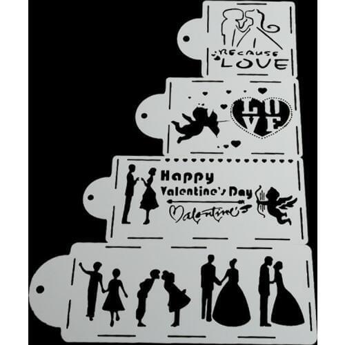 4PCS Happy Valentines Day Fondant Decorating Love Cake Stencil Wedding Decoration Cupcake Template Mold Baking Tool