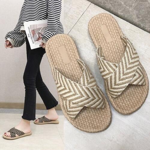 Allmatch Slides beach flip flops women Fabric slipper platform summer Beach linen cross band Low outdoor woman slides heels