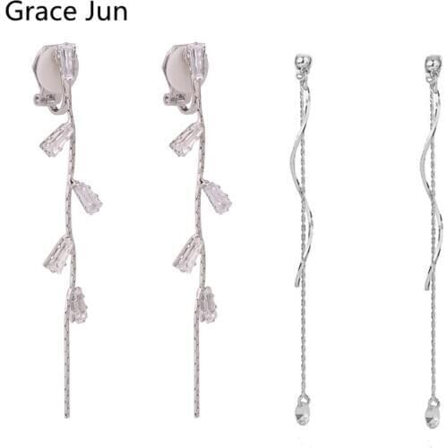 GRACE JUN High Quality Copper Cubic Zircon Long Tassel Clip on Earrings and Pierced Earrings for Women Charm Jewelry New 11.11