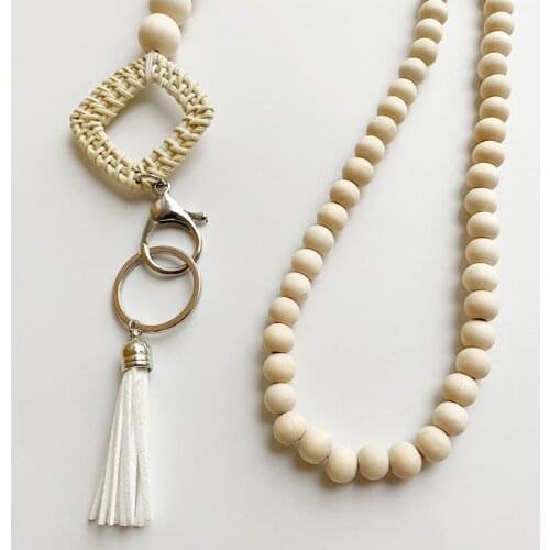 Wooden Beads Bohemian Key Chain Lanyard Multifunction Body Jewelry Unique Simple Leather Jewelry Women Fashion Pendant Necklace