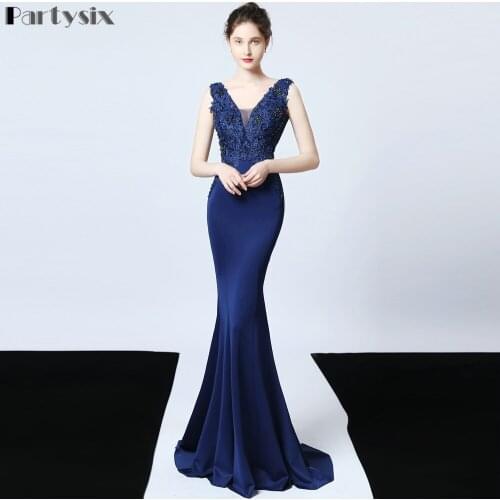 Partysix navy blue V-neck Appliques Beading Long Satin Evening Dress See-through Back Elegant Evening Party Dress