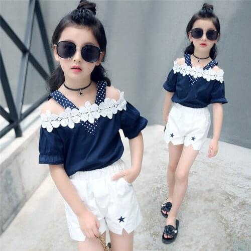 Girls Clothing Sets Summer Child Baby off shoulder T-shirt + Bow Short Pants 2pcs Children Outfits Set 8 9 10 12 Years