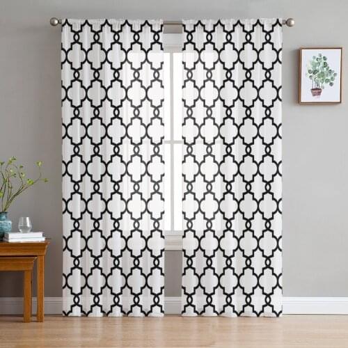 Classic Moroccan Geometric Checks White Sheer Curtains for Living Room Tulle for Windows Voile Yarn Short Bedroom Curtains