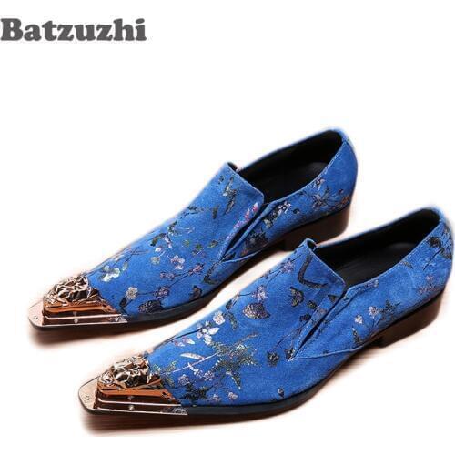 Batzuzhi Italian Type Leather Mens Dress Shoes Pointed Metal Toe Blue Leather Business Shoes Slip on Party and Wedding Zapatos
