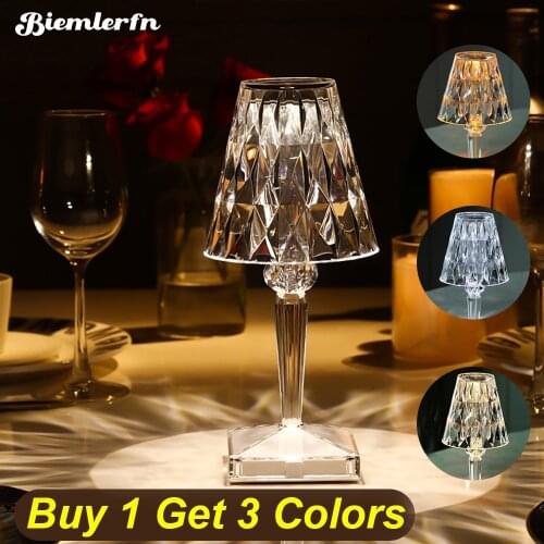 LED Diamond Trichromatic Table Lamp USB Rechargeable Acrylic Decoration Lamp For Bar Bedroom Bedside Crystal Gift Night Light