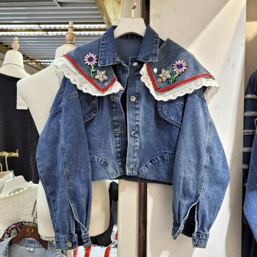 Fashion Beaded Flowers Lace Patchwork Lotus Leaf Collar Denim Jacket Female Blue Short Coat Spring Autumn Casual Women Clothes