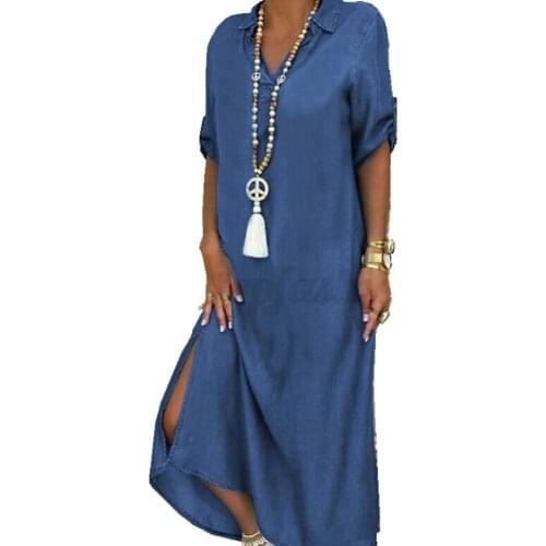 Shirt Dress Women Denim Long Dresses Pocket Button Shirt Print Dress Casual Loose Dresses 2021