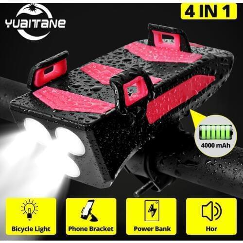 Multifunction 4 in 1 Bicycle Light Holder Bike Horn LED Bike Headlight 4000mAh Power Bank 1500lms Bike Flashlight Cycling Light
