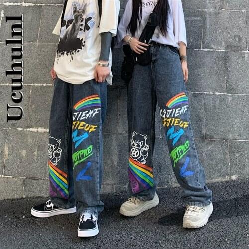 Ucuhulnl Harajuku Trendy Jeans Leg Wide Pant Women High Waist Loose Long Trousers Rainbow Cartoon Print Pants Causal Denim Pant