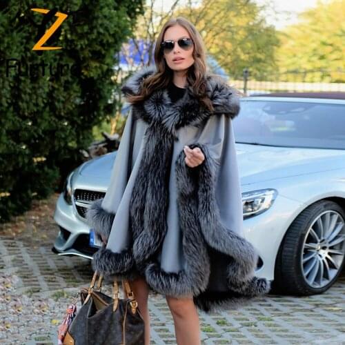 Fashion Cashmere Shawl Coat Genuine Fox Fur Cape Coat Cloak Design Fox Fur Collar Warm Overcoat Shawl Women Winter Party Cape