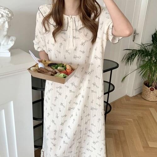 Korean New Cotton Nightdress Women Short Sleeve Long Dress Sweet Lapel Nightshirt Female Lounge Wear Loose Summer Nightgowns