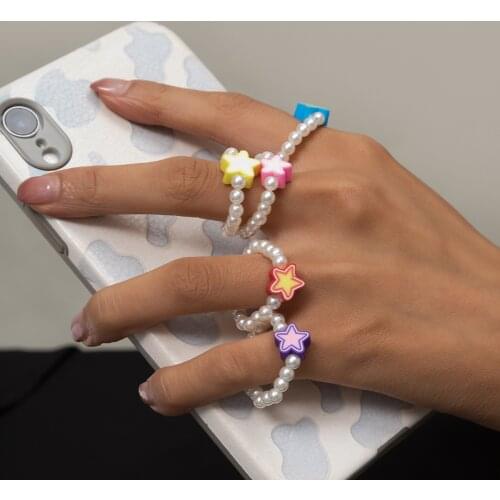 New Fresh and Simple Imitation Pearl Beaded Color Star Ring European and American Ins Style Retro Animal Soft Ceramic Ring 2021