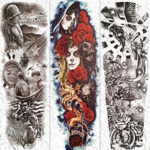 Deceitful Ghost Women With Mask Temporary Tattoo Sticker Full Arm Leg Body Art Tatoos Waterproof Rose Flower Skull Tattoo Papers