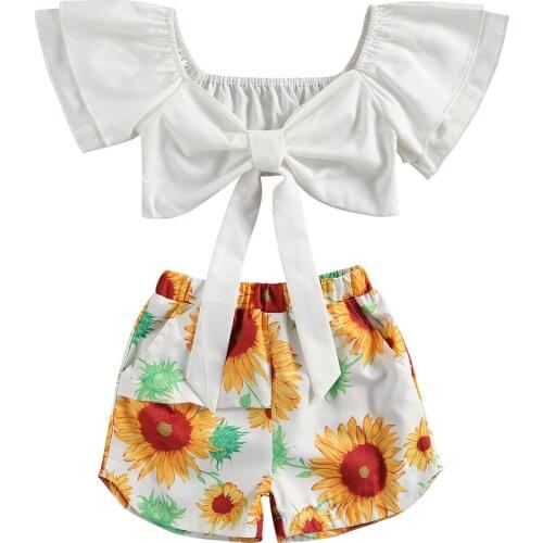 OPPERIAYA Baby Girls Clothing Set Bow Cropped Tops and Sunflower Print Shorts Two-piece Summer Suit for Birthday Party Vacation