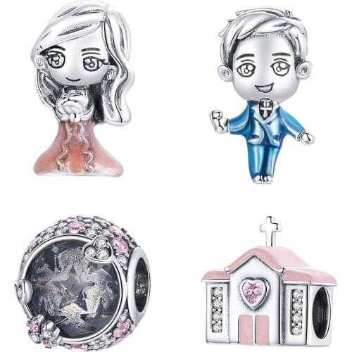 Bisaer Genuine 925 Sterling Silver Romantic Wedding Bride & Groom Charm for Original Women Silver Bracelet DIY Jewelry ECC1809