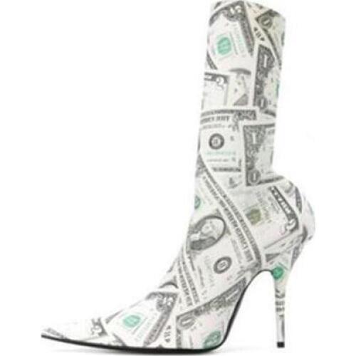 Sock Boots Women Dollar Money Printing Stretch Thigh High Boots Elastic Mid-calf Short Boots Pointed Toe High Heel Shoes Lady
