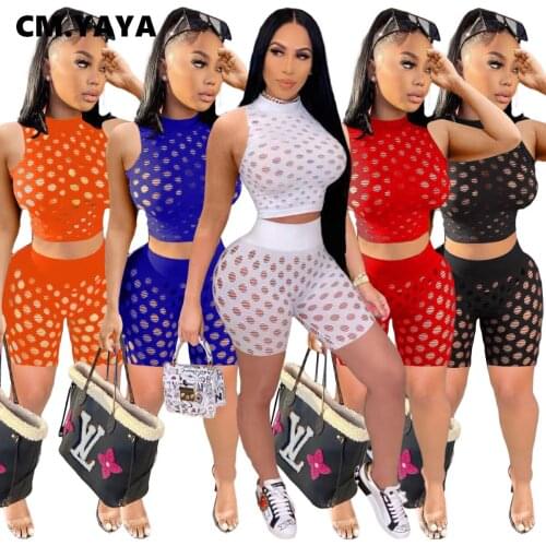 CM.YAYA Gauze See Though Women Two 2 Piece Outfits Set Tank Tops and Shorts Jogger Sexy Sweatsuit Matching Set Active Tracksuit