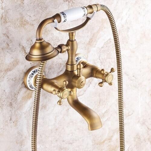 Antique Retro Bathtub Faucets European Black Bronze Bathroom Shower Set Faucets Wall Mounted Handheld Rainfall Shower Mixer Tap