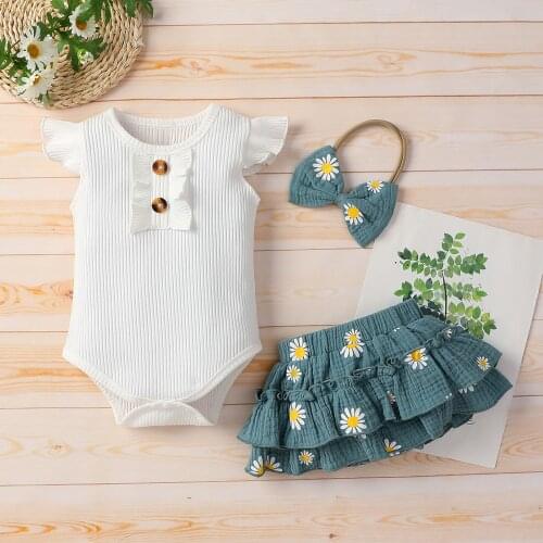 #VW Sweet Sets Solid Color Ruffled Ribbed Romper+Floral Daisy Skirts Outfit Summer Fly Sleeve Newborn Baby Girls Sets ropa niños