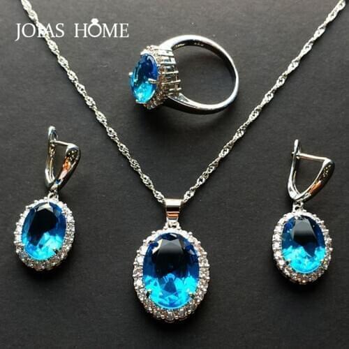 JoiasHome 925 Sterling Silver Jewelry Set Natural Sapphire Drop Shaped Royal Gemstones 3Pcs/Lot Fine Jewelry for Women Bride