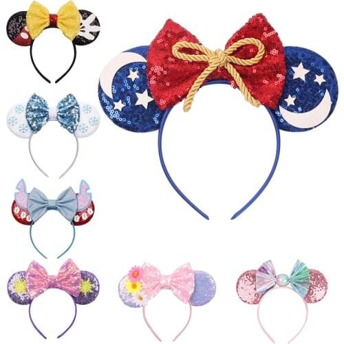 Disney Mickey Stitch Frozen Ears Headband Sequins Hair Bows Charactor For Women Festival Hairband Girls Hair Accessories Party
