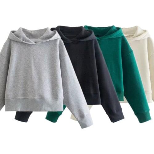 Dave&Di England Fashion High Street Vintage Oversize Looose Solid Winter Hoodies Women Hooded Sweatshirt Pullovers Short Tops