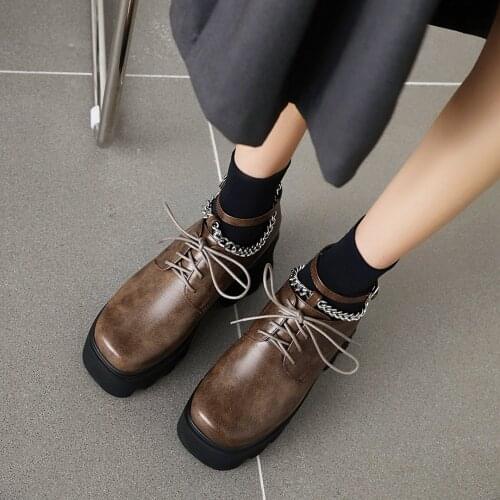 Platform Leather Shoes Women Chunky Thick Sole Round Toe Black Brown Pu Shallow Pure British Style Retro Slip-on Leisure Loafers