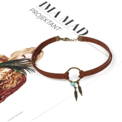 Vintage Alloy Feather Leather Choker Necklace for Women Antique Gold Circle Collar Female Jewelry Fashion Chic Instyle