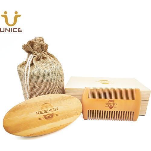 100pcs/lot Customized LOGO Fine & Coarse Tooth Wood Combs And Bamboo Beard Brush Boar Bristle Brush Kits Gift Box & Linen Pouch
