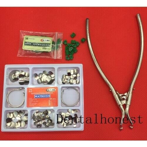 100Pcs Full Kit Dental Matrix Sectional Contoured Metal Matrices No.1.398 2 Rings 40pcs silicone add- on wedges Dental material