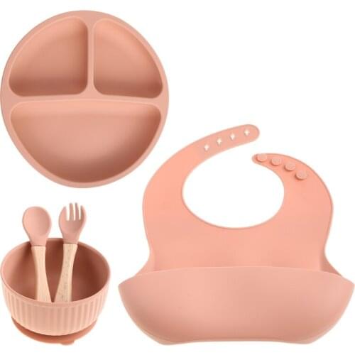 5PCS/Set Baby Feeding Tableware BPA Free Food Grade Silicone Bowl Bib Placemat Fork Spoon Feeding Set Baby Supplies for D0AF