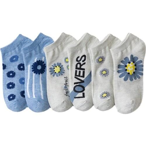 6 Pair Summer Short Cute Women Socks Blue Small Fresh Soft Cotton Asakuchi Korea Style Ankle Sock Fashion Girl Chausette Femme