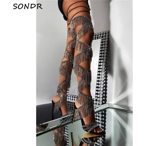 Fashion Diamond Lace Up Thigh High Boots Luxury Summer Crystal High Heels Long Gladiator Sandals Shoes Open Toe Overknee Boots