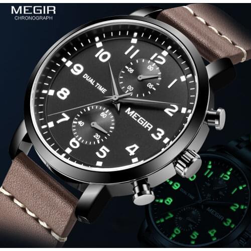 MEGIR Casual Sport Watches for Men Top Brand Luxury Military Leather Wrist Watch Man Clock Fashion Chronograph Wristwatch Brown