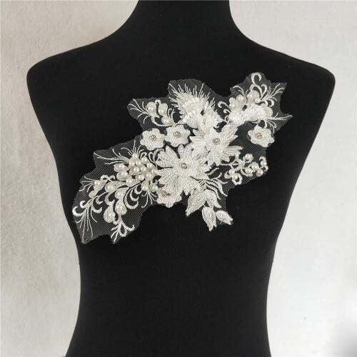 Flower Lace Fabric Embroidered Gown Collar Appliques Pearls beaded Rhinestones Mesh Sew on Patch For Wedding Decor Dress DIY