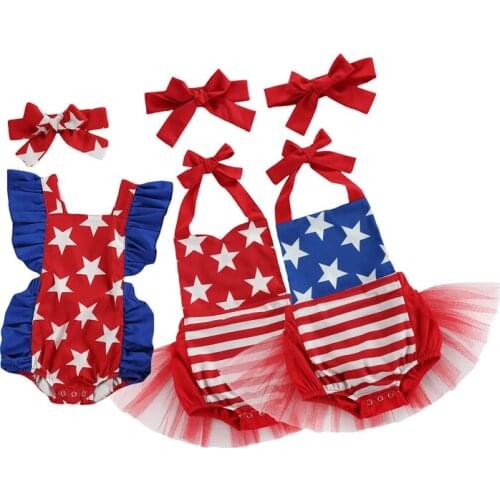 Independence Day Baby Girls Romper + Headband Star Stripe Printed Ruffle Sleeveless Infant Rompers Newborn Jumpsuit Set