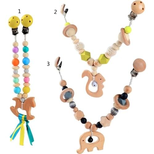 Baby Teether Stroller Pendant Pacifier Chain Rattle Pram Clip Crochet Beads Wooden Animal Pendant Infants Nursing Teething Chewi