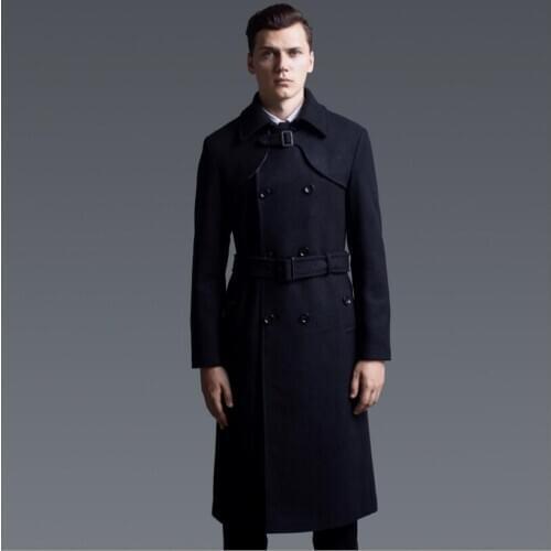 Long woolen Trench coat men fashion double breasted woolen clothing for autumn winter East Europe pop Windbreaker Man