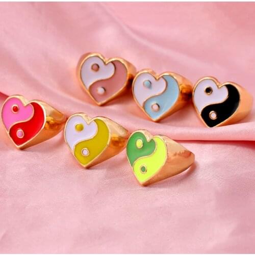 Flatfoosie High Quality Enamel Heart Chunky Rings Gold Silver Color Flowers Yin Yang Rings For Women Wedding Jewelry Best Gift