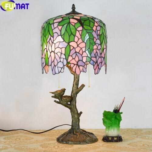 FUMAT Tiffany Table Lamp Green Flower Stained Glass Shade Desk Light Living Room Bedside Wisteria Antique Style Home Decor Arts