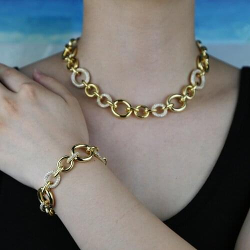 Hot selling gold color geometric round oval circle cz link chain women necklace delicate trendy fashion choker necklace jewelry