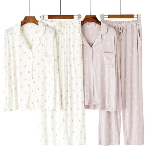 Spring and Autumn Modal Cardigan Pajamas Female Cartoon Bear Print Loose Soft Long-sleeved Trousers Homewear Pink Nuisette Femme