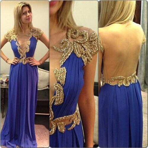 Royal Blue 2018 Sheer Tulle Back Jewel Cap Short Sleeve Elegant Golden Beaded Long Prom Party Gown Vestidos bridesmaid dresses