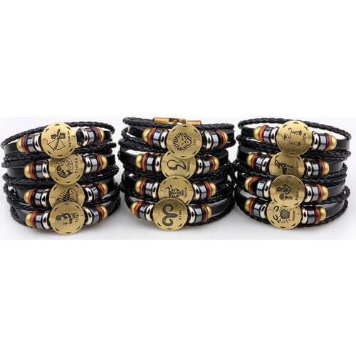 Aquarius/Scorpion/Libra/Capricorn 12 Constellation Bracelet Bronze Alloy Buckles Zodiac Signs Bracelet Punk Leather Bracelet