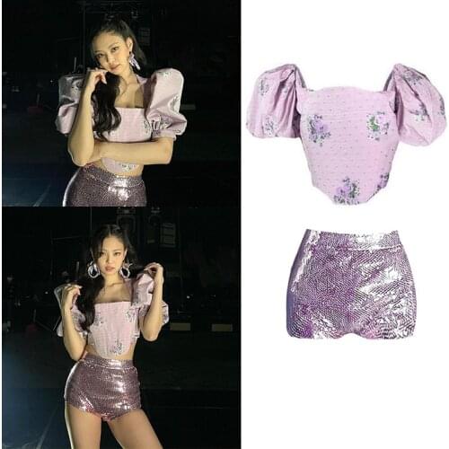 Kpop Korean Celebrity New Vintage Puff Slevee Blouses Square Collar Shirts Tops+Sexy High Waist Slim Shorts Women Two-Piece Sets