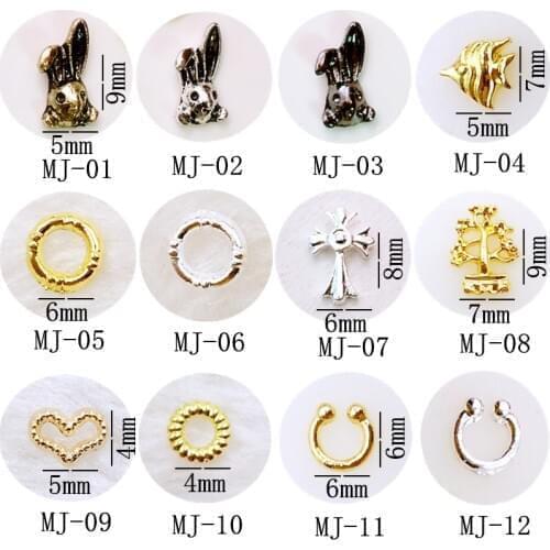 50pcs/pack metal nail art rabbit fish round loop cross rich tree heart headset 3d jewelry gel nails sticker decoration art tools