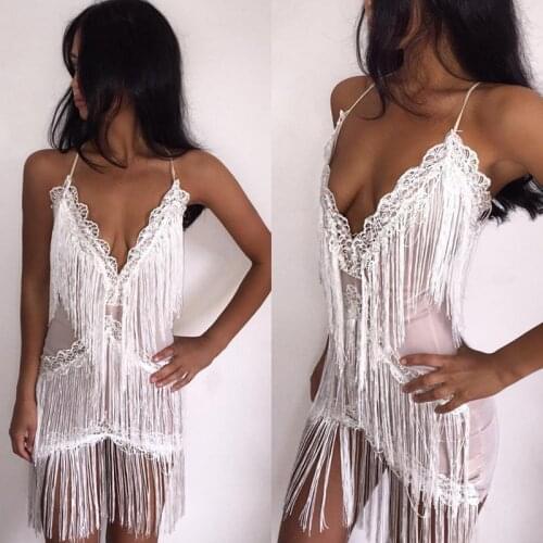 Trendy V neck tassels women sexy lace dress spaghetti strap back cross fringes dresses summer party bodycon club dress vestidos
