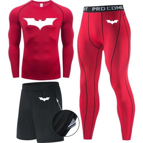 Men Compression Workout sports running tights MMA clothing Bat T shirt Sweat Gym leggings 3 pieces Underwear jogging suits Top
